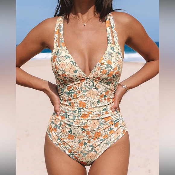 NWT One Piece Tummy Control Deep V Neck Double Straps Back Tie Swimsuit - Picture 4 of 15